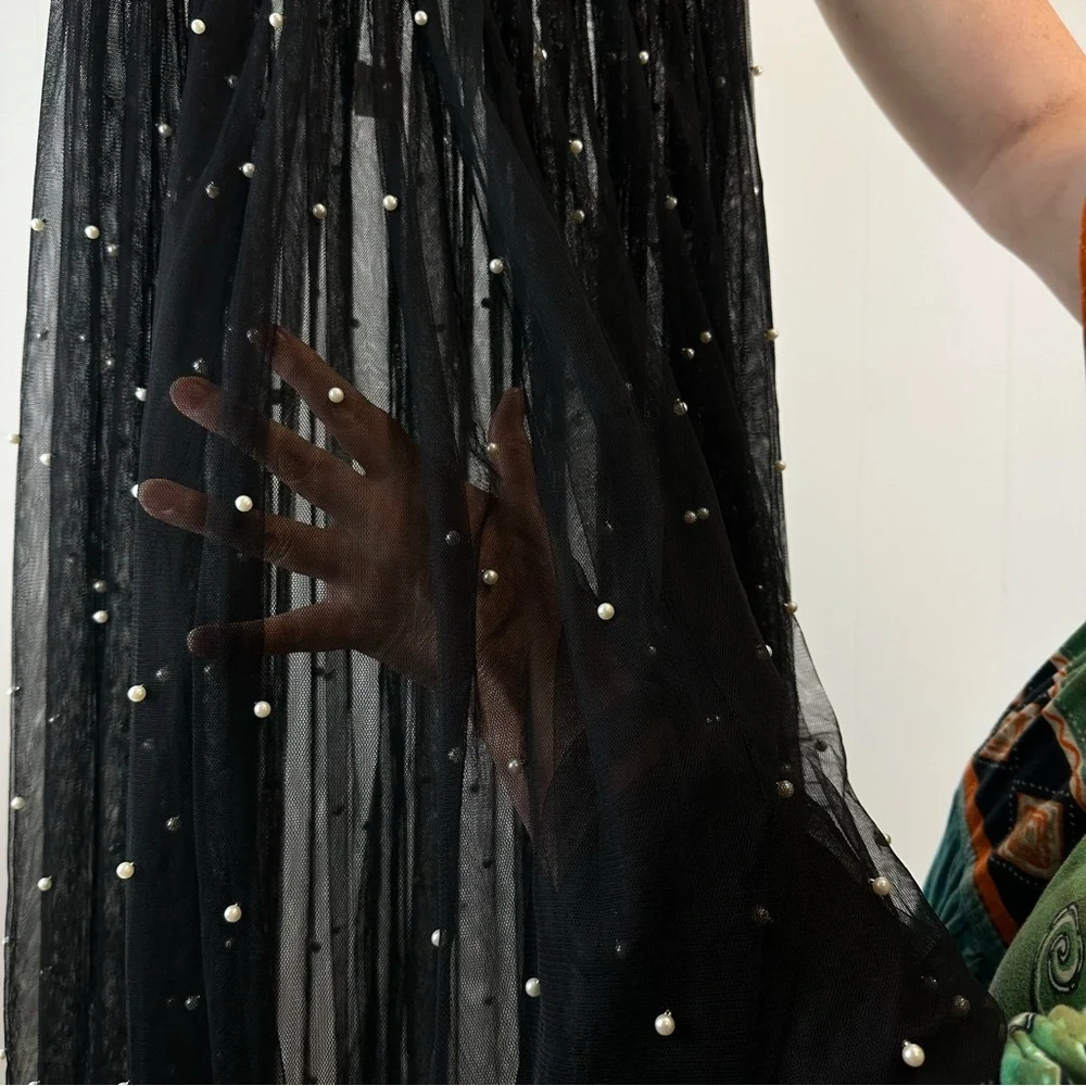 Black Tulle Mesh Maxi Skirt Pearl Detail Sz M